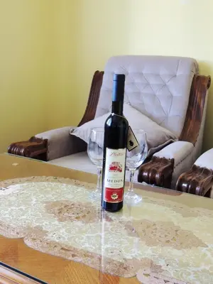a bottle of wine sitting on a table with glasses at Comfortable Apartment in Ulcinj with Sea View and Garden in Ulcinj