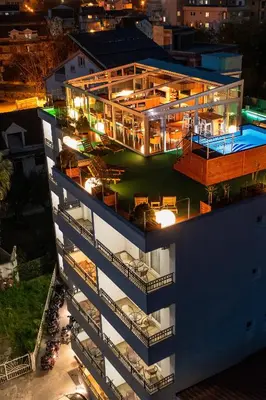an aerial view of a building at night at Villa Skyprime in Budva