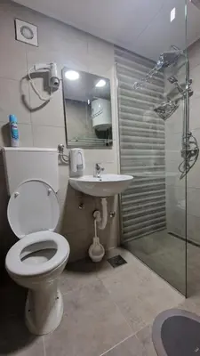a bathroom with a toilet and a sink and a shower at Montenegro Hostel 4U in Kotor