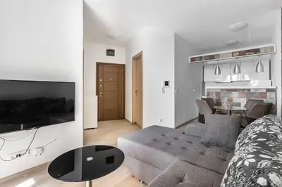 a living room with a couch and a tv and a table at Apartments BEATRICE Rafailovici in Rafailovici