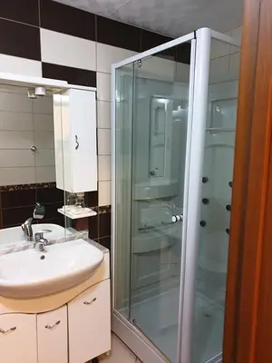 a bathroom with a sink and a glass shower at Villa Elkom, App.17 in Ulcinj