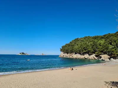 a group of people sitting on a beach near the ocean at Palm Point Apartment in Petrovac na Moru