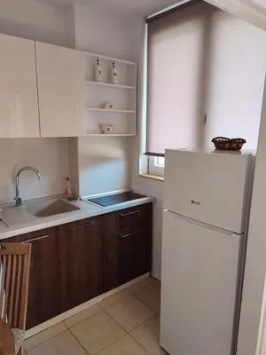 a kitchen with a white refrigerator and a sink at Apartman Bojana in Bar