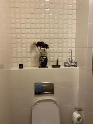 a bathroom with a toilet with a vase on a shelf at City Apartment in Podgorica
