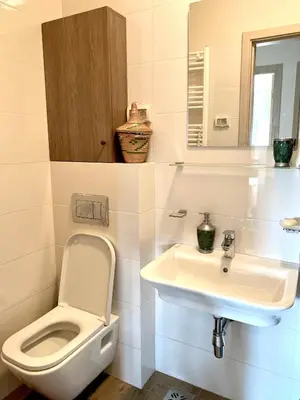 a bathroom with a toilet and a sink at City Apartment in Podgorica