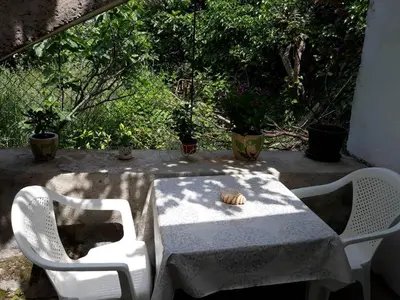 a table and chairs with a shell sitting on top of it at Vicky Apartments in Kotor