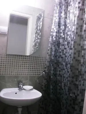 a bathroom with a sink and a shower curtain at Vicky Apartments in Kotor