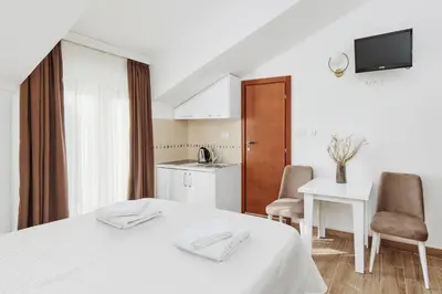 a hotel room with a bed and a kitchen at Apartments Rozer in Kotor
