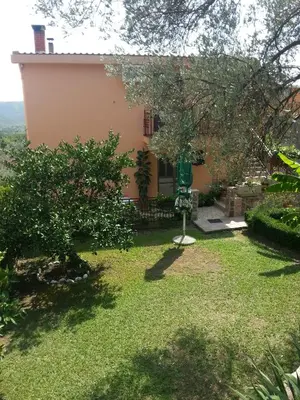 a house with a yard with green grass at Apartments Kovačević in Petrovac na Moru