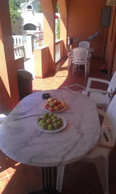 a table with two plates of fruit on it at Vila Apartments Lidija in Petrovac na Moru