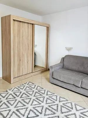 a living room with a couch and a mirror at Villa Vi apartmen in a villa with a swimming pool in Bar