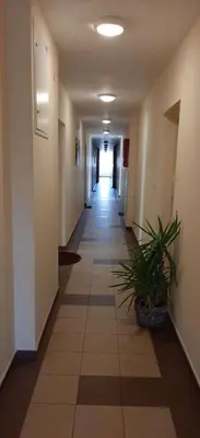 a hallway of an office building with a potted plant at Guest House Mikeli (BESPL. DORUCAK)-(FREE BREAKFAST) in Podgorica