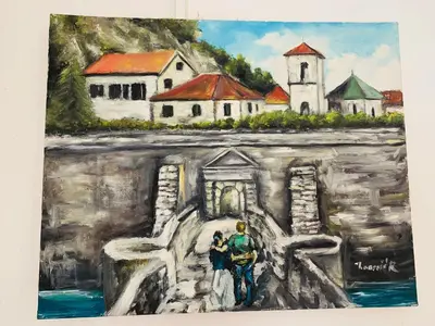 a painting of a couple walking across a bridge at Gara 5 in Kotor