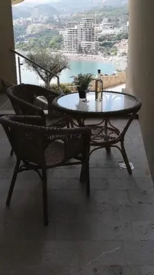 a table and chairs with a bottle on top of it at Apartman Sadutas in Rafailovici