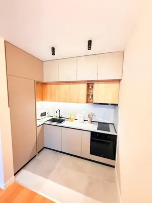 a kitchen with white cabinets and black appliances at Apartments Centrale 28 in Podgorica