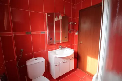 a red bathroom with a toilet and a sink at Meric Duplex Apartment in Budva