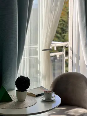 a table with two cups of coffee and a potted plant at Anja apartment_City Center_ in Bar
