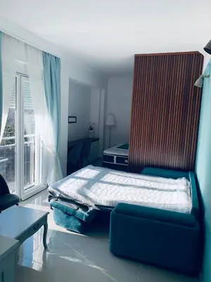 a bedroom with a bed and a couch and a window at Anja apartment_City Center_ in Bar