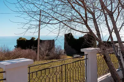 a fence with a tree and the ocean in the background at Holiday Home Marija in Budva