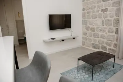 a living room with a chair and a tv on a wall at Palazzo Sindik in Kotor