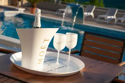 a plate with a bottle of wine and two wine glasses at Villa Salute in Budva