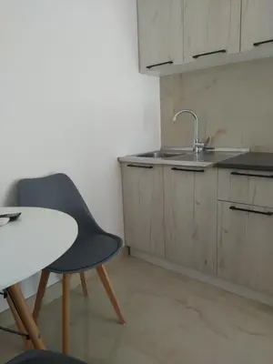 a kitchen with a sink and a chair and a table at Hostel Vera - Airport Podgorica in Podgorica