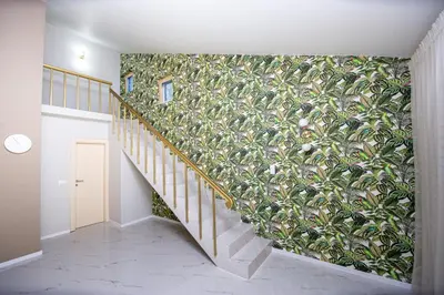 a staircase with a large green wall at Villa M&M in Budva