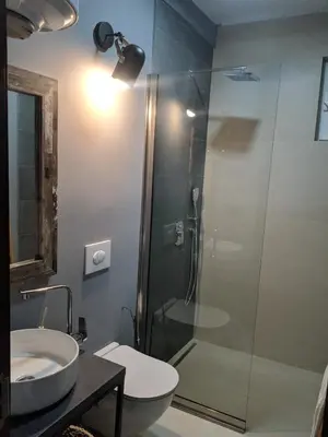 a bathroom with a shower and a toilet and a sink at Casa Alea in Ulcinj