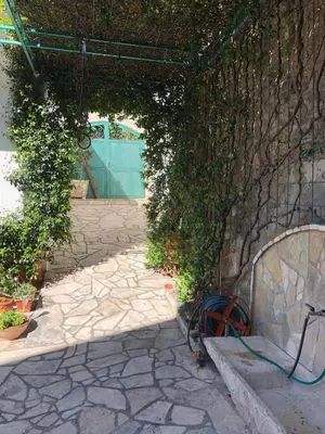 a stone walkway with a bench and a wall with ivy at Casa Alea in Ulcinj