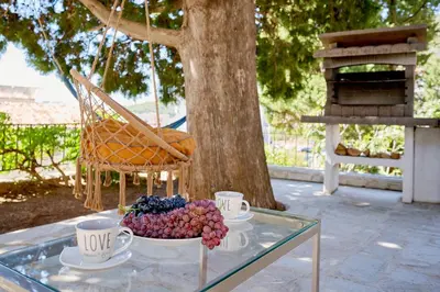 a glass table with cups and grapes and a chair at Mediterranean vacation home with pool Petrovac in Budva