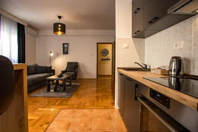 a kitchen with a counter and a living room at Apartment Podgorica in Podgorica