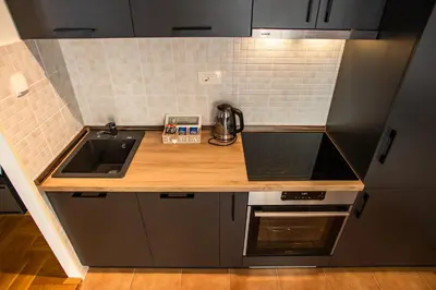 a small kitchen with a sink and a counter at Apartment Podgorica in Podgorica