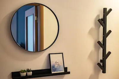 a mirror on a wall with a picture and a shelf at Apartment Podgorica in Podgorica