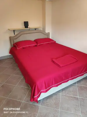 a red bed with red pillows in a bedroom at Apartman Pavle 2 in Virpazar