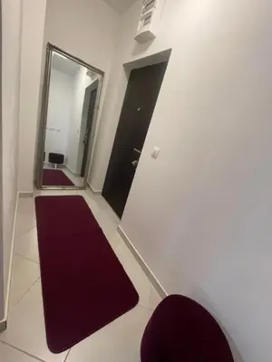 a white room with a red rug and a black door at Marina in Budva