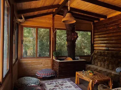 a living room of a log cabin with a tree at Sojenica Pustolov - Ada Bojana in Ulcinj