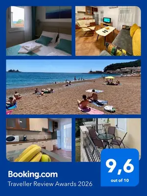 a collage of pictures of people on the beach at Family Beachfront Apartment in Petrovac na Moru