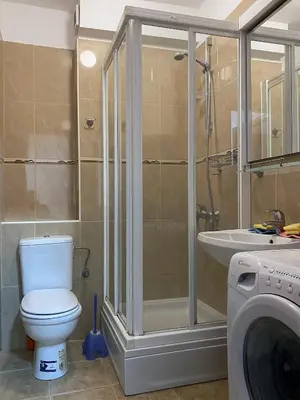 a bathroom with a toilet and a sink and a washing machine at Family Beachfront Apartment in Petrovac na Moru