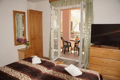 a bedroom with a bed and a television and a table at Apartments Stanivukovic in Budva