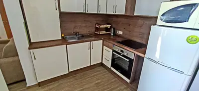 a small kitchen with a white refrigerator and a sink at Apartments Abramovic 2 in Sutomore