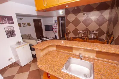 a kitchen with a sink and a living room at Lea Apartment in Bar
