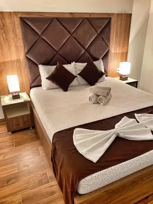 a bedroom with a large bed with a brown headboard at MD APARTMENTS in Ulcinj