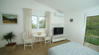 a bedroom with a bed and a table and a tv at Plamenatz studio apartments in Virpazar