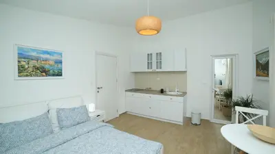 a living room with a bed and a kitchen at Plamenatz studio apartments in Virpazar