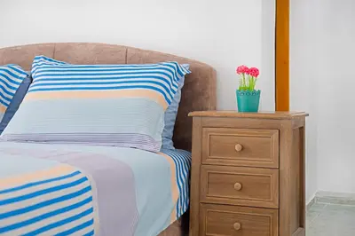 a bed with a night stand with a pillow and a plant at Apartment Dragicevic 2 with Garage in Budva