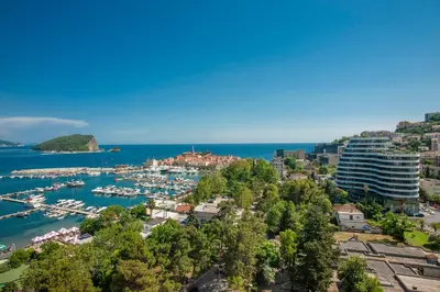 a view of a harbor with boats in the water at Fontana Seafront Residences in Budva