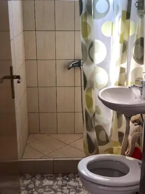 a bathroom with a shower and a toilet and a sink at Apartmani Sara in Ulcinj