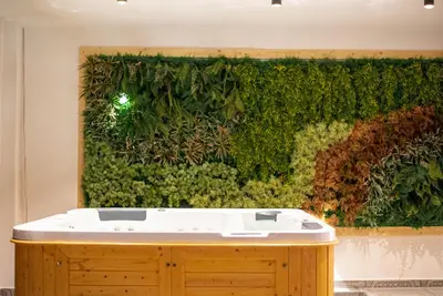 a green wall in a bathroom with a bath tub at Plaza Hotel&SPA in Ulcinj