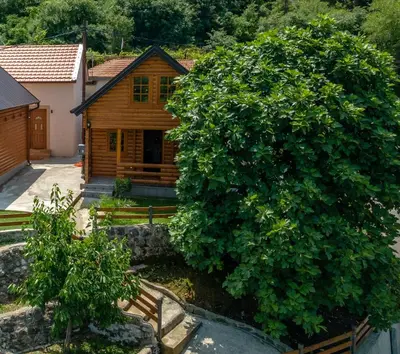 a large tree in front of a wooden house at Green Hill in Virpazar