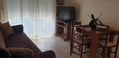 a living room with a couch and a table and a tv at Apartments Klakor PS in Tivat